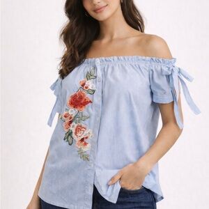 Rue21 Light Blue Off-Shoulder Floral Blouse